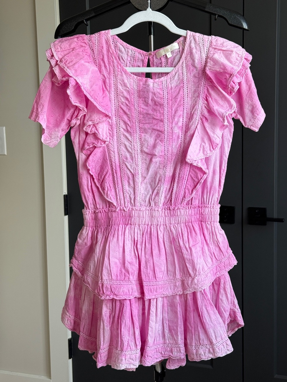 LoveShackFancy Gwen Pink Eyelet Ruffle Mini Dress Size S